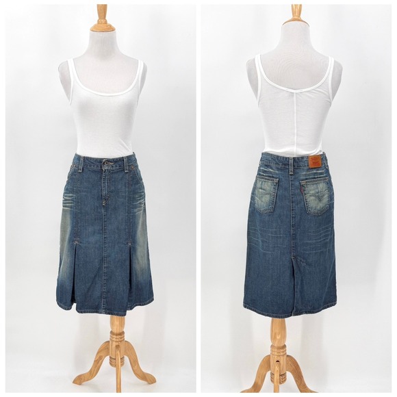 Levi's Dresses & Skirts - LEVIS Vintage Y2K Denim Skirt Women 28 Blue Pleated Midi Distressed USA Made